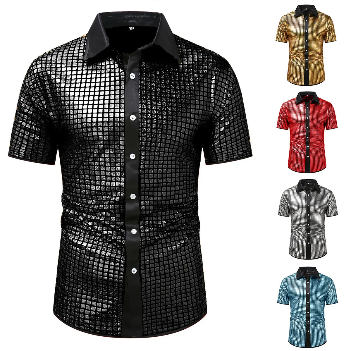 Men Shiny Metallic Grid Pattern Short Sleeve Shirt Embroidered Lapel Button Down Cosplay Costume Stage Performance Party Top