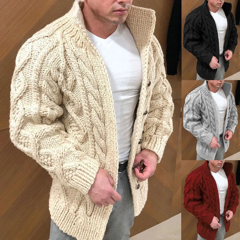 Cardigan da Uomo a Trecce Maglione Collo in Piedi Manica Lunga Giacca a Maglia Pesante Capispalla Casual Top alla Moda