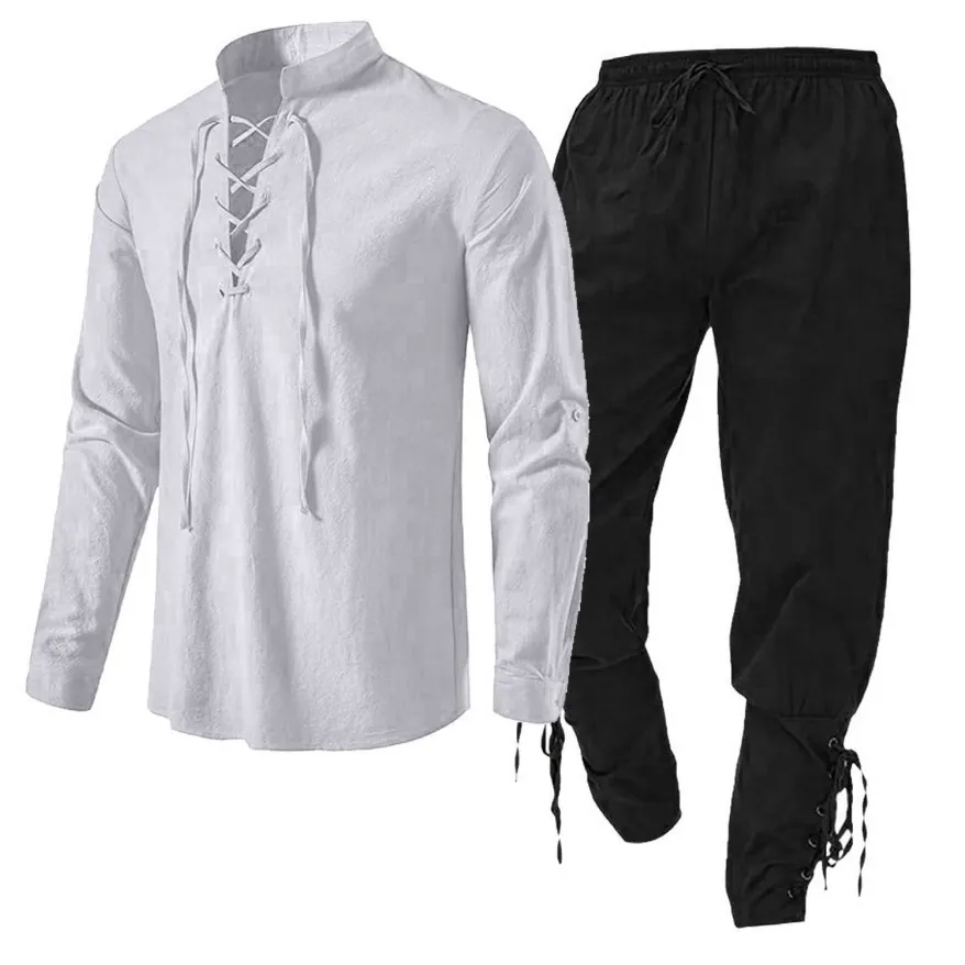 Herren Baumwoll Linnen Henley Hemd Und Hose Top Und Bottom Lässig Strand Stehkragen Einfarbig Langarm Mittelalter Stil