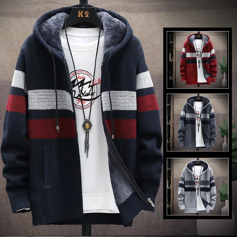 Men Hooded Knitted Cardigan Jacket Fleece Lined Thick Striped Zipper Sweater Coat Casual Outerwear Warm Autumn Winter Clothes