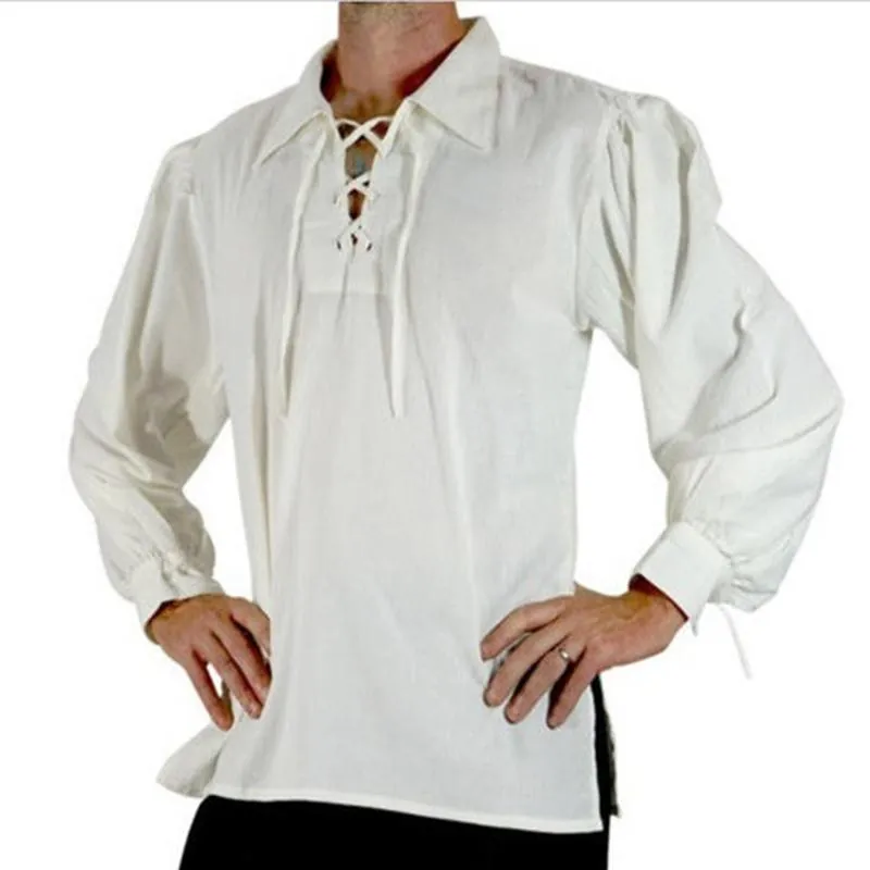 Camicia Vintage da Uomo con Lacci Manica Lunga Revers Cotone Casual Comoda Blusa Stile Rinascimentale Medievale Top Moda