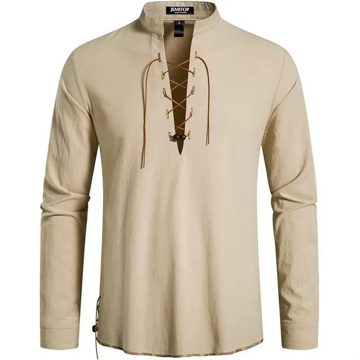 Heren Retro Hippie Strandoverhemd Lange Mouw Opstaande Kraag Vetersluiting Henley Overhemd Vintage Etnisch Casual Top