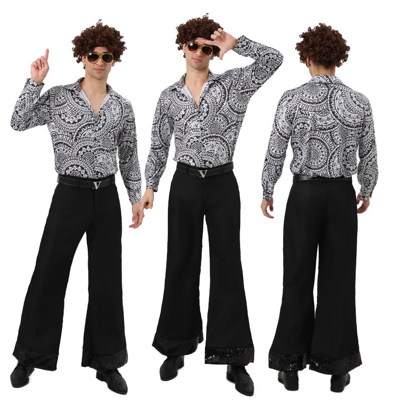70s Retro Disco Men Performance Costume Set Paisley Print Long Sleeve Shirt And Sequin Bell Bottom Pants Vintage Party Outfit