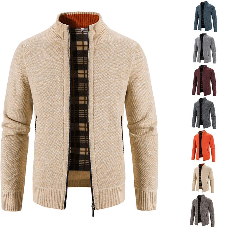 Herren Herbst Winter Strickjacke Jacke Stehkragen Reißverschluss Pullover Top Fleece Gefüttert Dick Baumwollmischung Meliert Mode