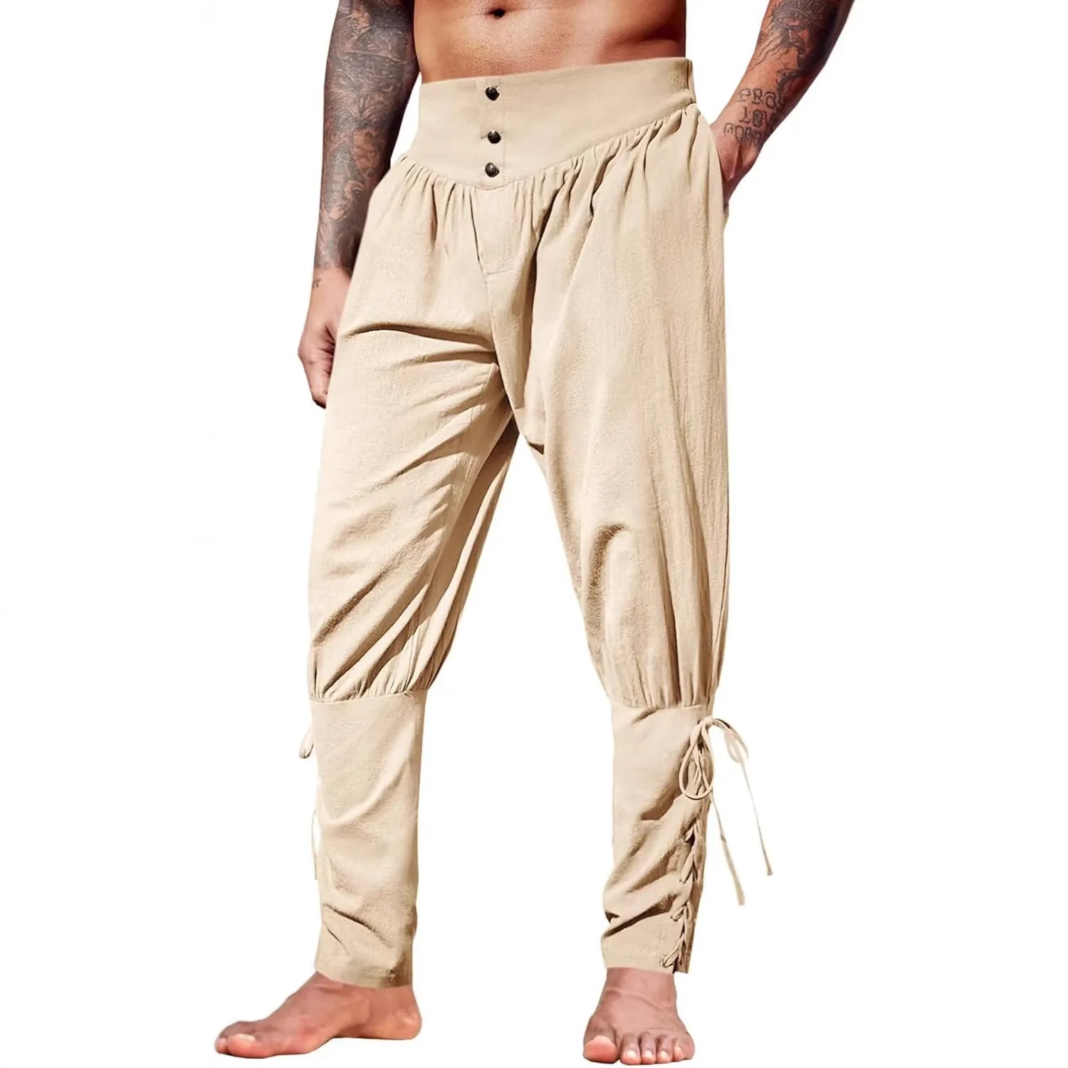 Pantaloni da Pirata Medievale da Uomo Rinascimentale Vichingo con Lacci alla Caviglia in Misto Lino per Cosplay di Halloween