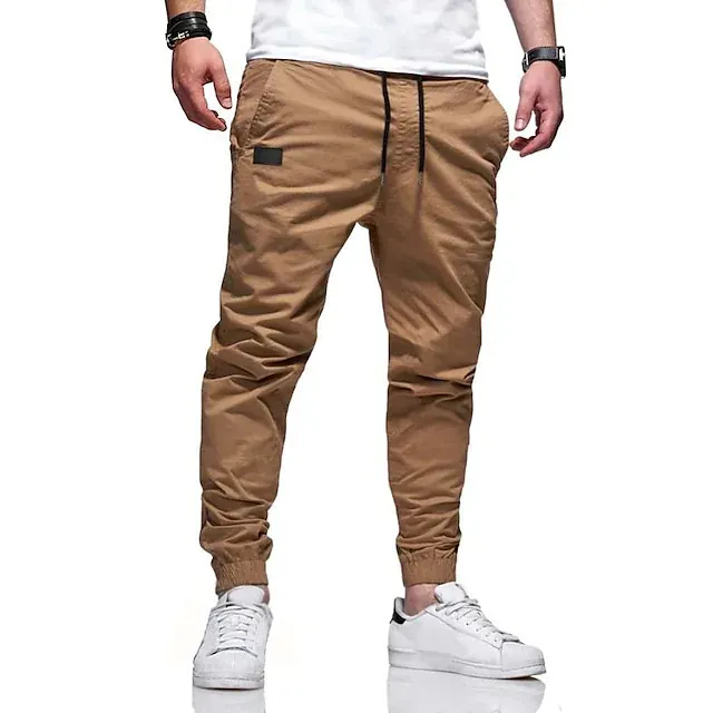 Pantaloni Jogger Cargo da Uomo Casual Con Coulisse Vita Elastica e Polsini Tinta Unita Misto Cotone Sport all'Aperto Fondo