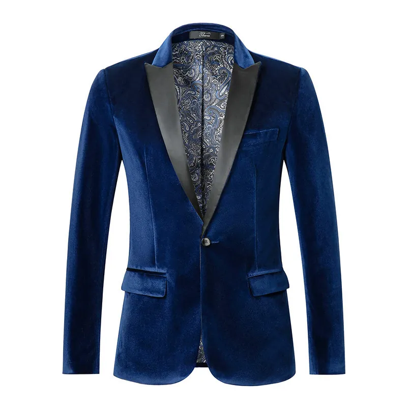 Men Slim Fit Velvet Blazer Peaked Lapel One Button Suit Jacket Paisley Lining For Wedding Party Fashion Dinner Dress Coat
