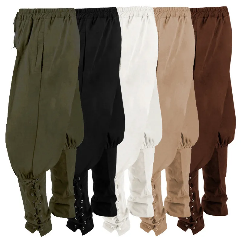 Medieval Men Vintage Ankle Tied Pants European Court Cosplay Pirate Trousers Lace Up Leggings Stage Performance Costume Cotton Blend Solid Color Harem Pants