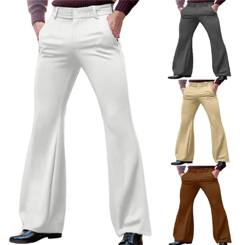 Men's Formal Solid Color Stretch Slim Fit Slant Pocket Business Outdoor Fashion Flare Bottom Polyester Suit Pants