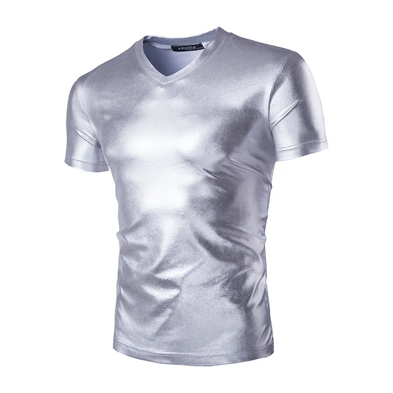 Maglietta da Uomo Slim Fit Metallizzata Lucida Manica Corta Girocollo Pullover Nightclub Party Top Maglia Base Lucida alla Moda per Uomo