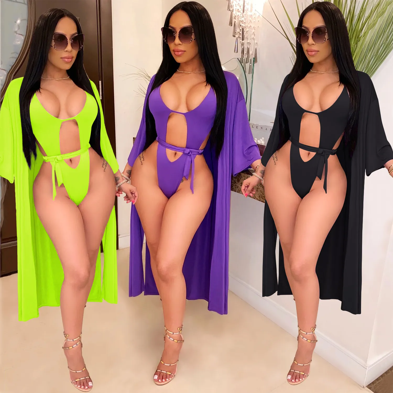 Damen Einteiler Badeanzug Mit Cover-Up Top Und Bottom Set Einfarbig Hohlraum Badeanzug Für Strand Pool Party Urlaub