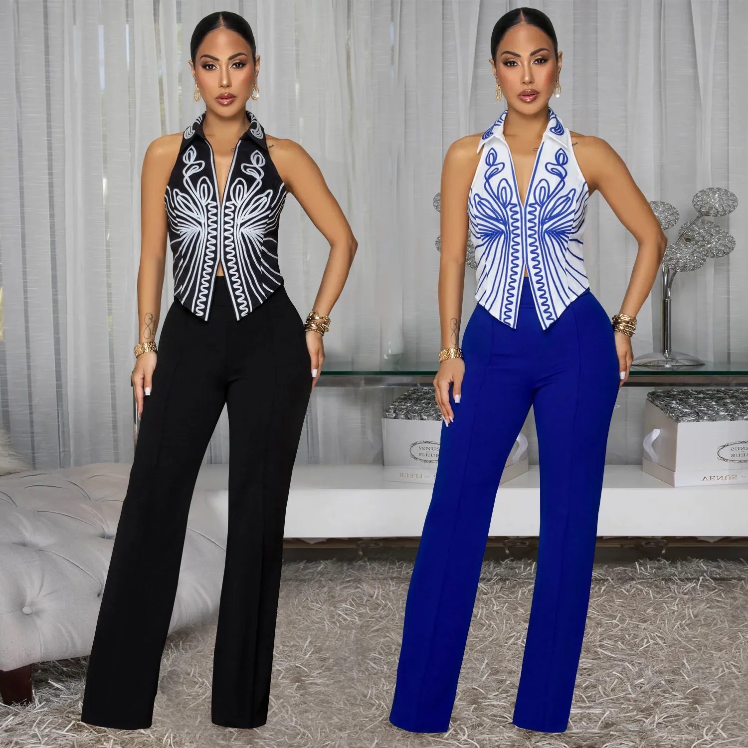 Women Elegant Geometric Print Halter Top And Wide Leg Pants Set For Summer Casual Party Dating Outfit Polyester