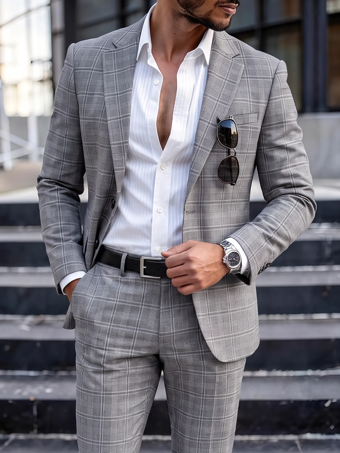 Britischer Stil Slim Fit Karierter Business Anzug Für Herren Grau Reverskragen Top And Bottom Für Bankett Hochzeit Formell