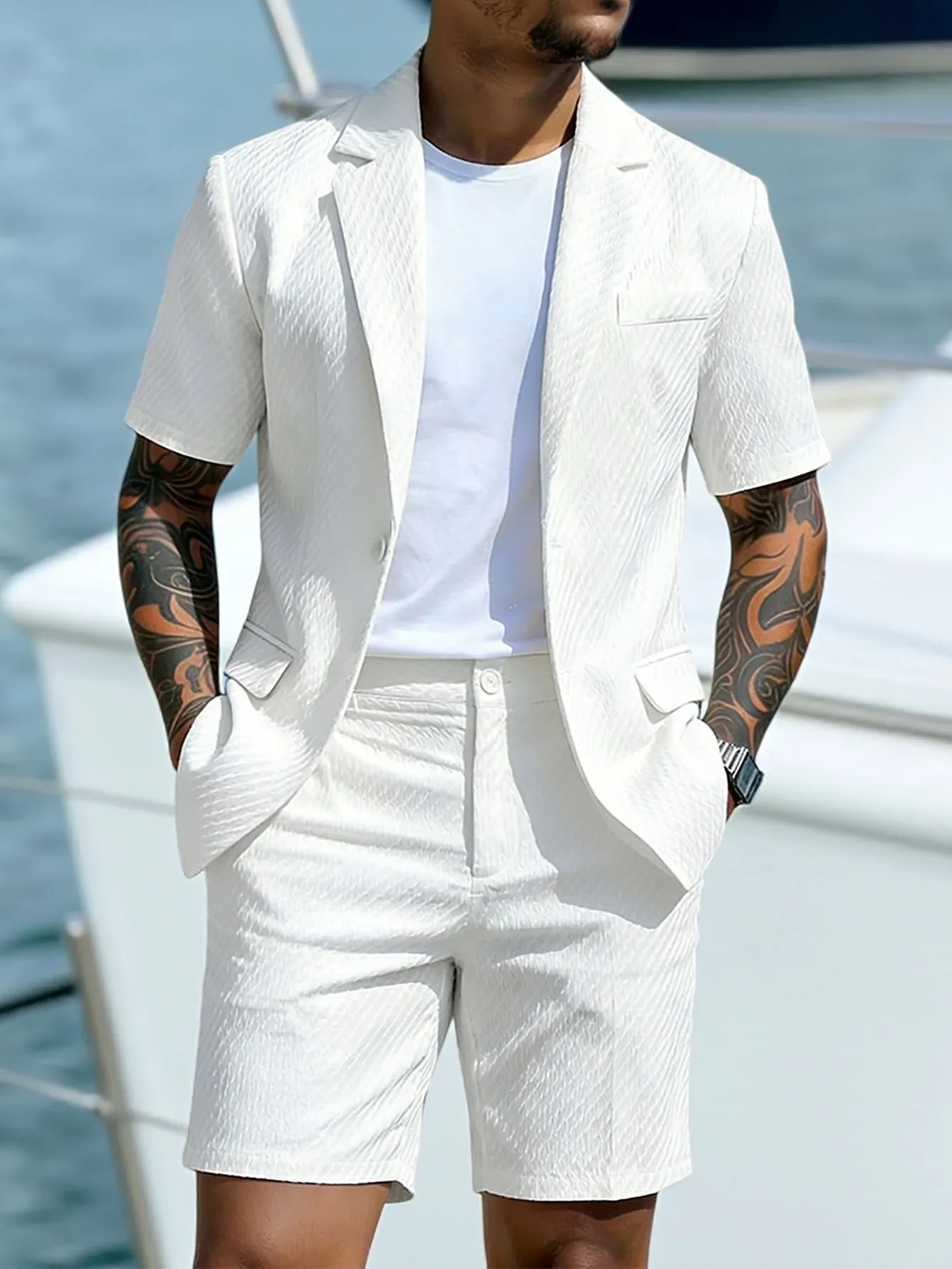 Ensemble Costume Homme Chic Décontracté Polyester Texturé Blazer Manches Courtes Et Short Top And Bottom Set Simple Boutonnage Coupe Ajustée Été Affaires Ensemble pour Hommes