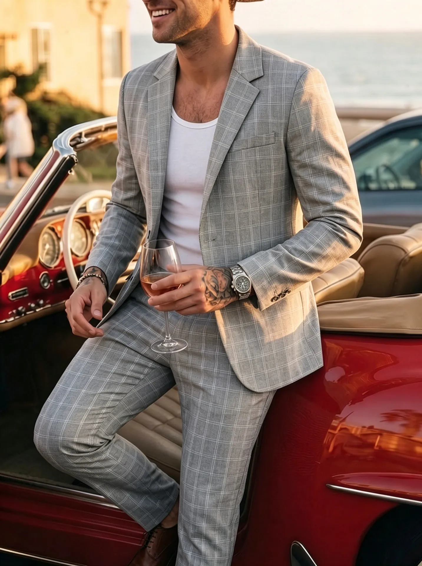 Men Plaid Suit Set Light Business Casual Straight Fit Grid Pattern Jacket And Pants Suit For Banquet Office Daily Wear