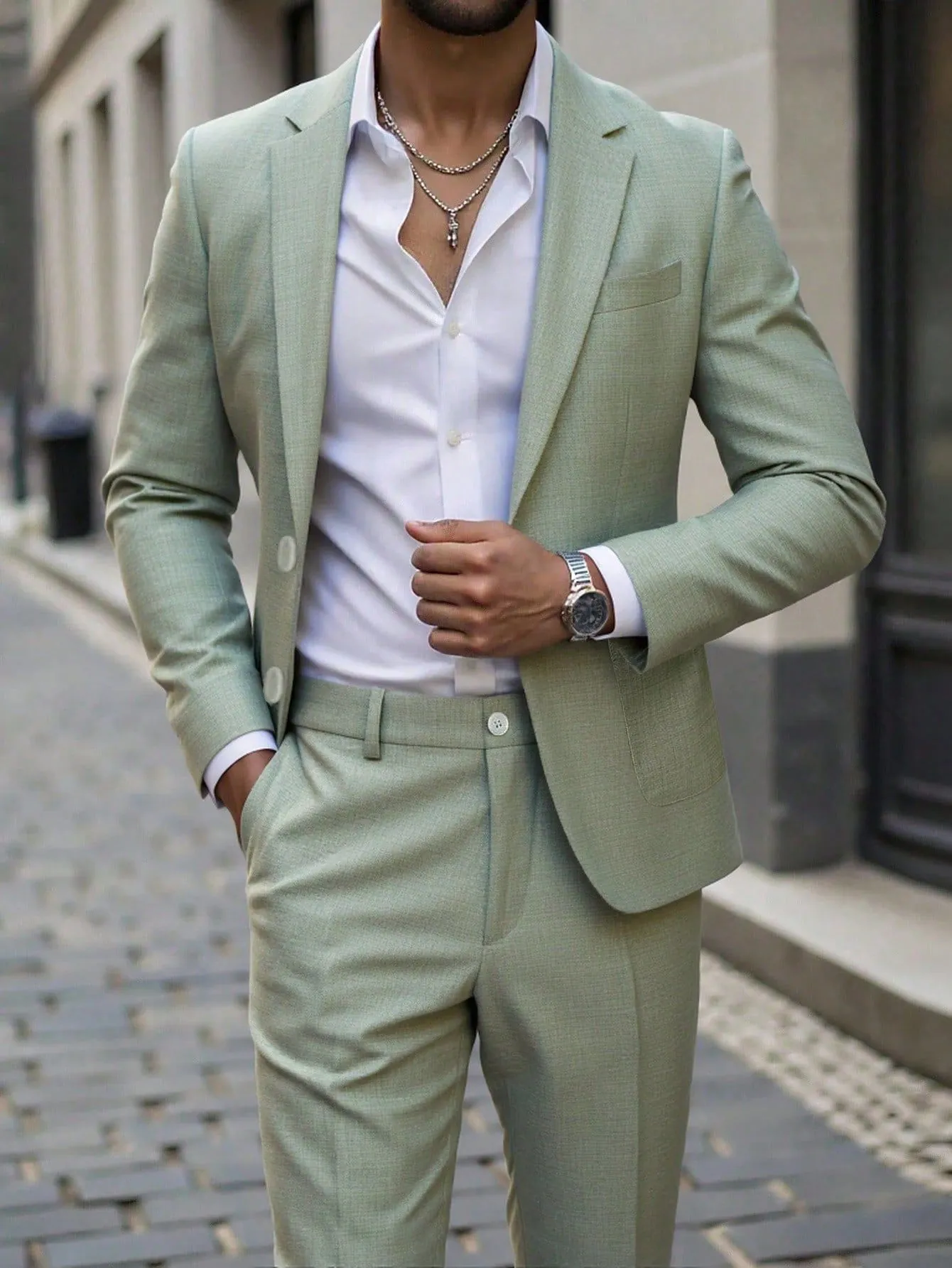 Men Business Suit Set Polyester Notch Lapel Single Breasted Slim Fit Blazer And Pants For Wedding Banquet Office Dress