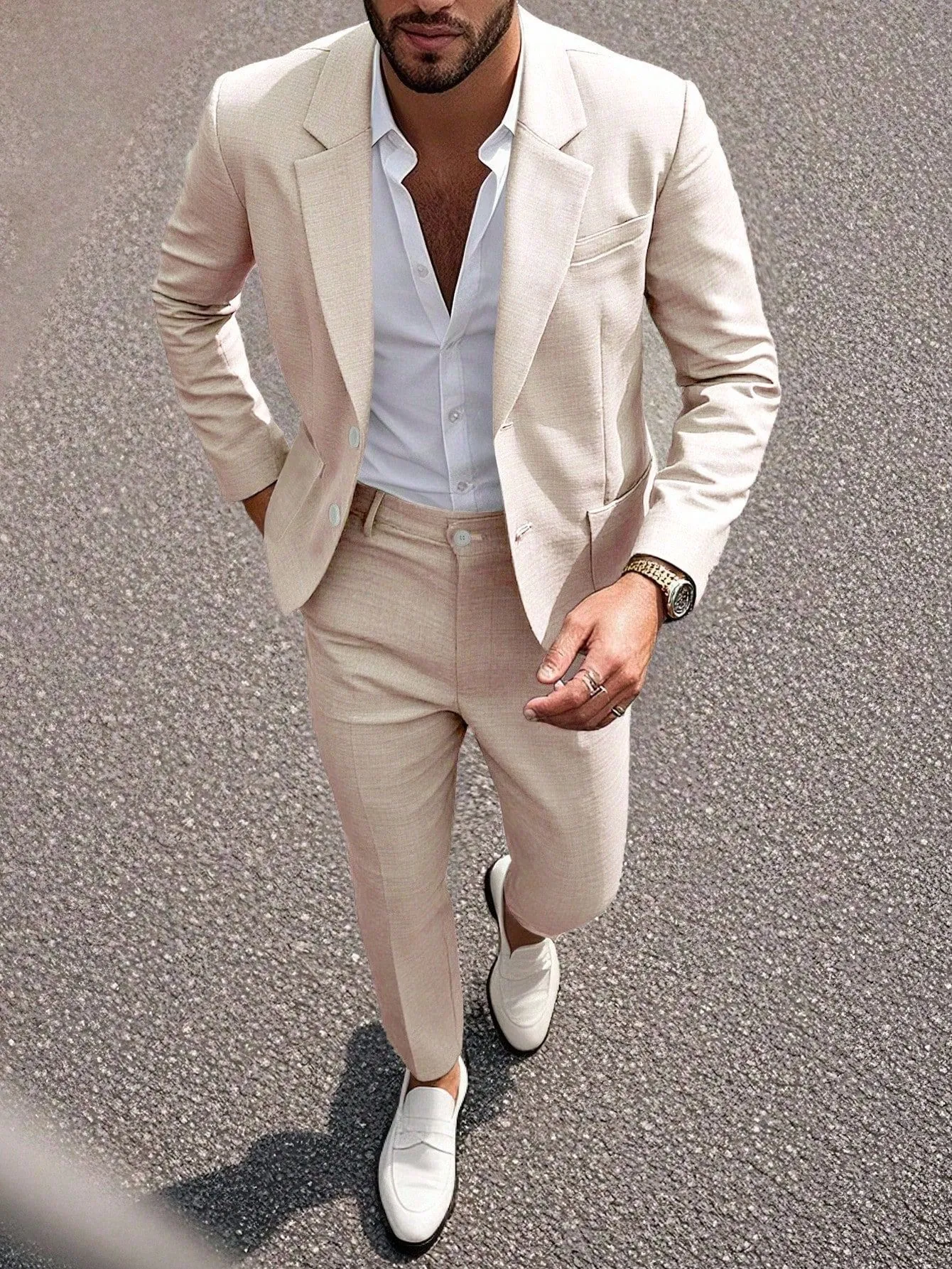 Men Slim Fit Business Suit Set Notched Lapel Single Breasted Solid Color Banquet Wedding Party Formal Blazer And Pants