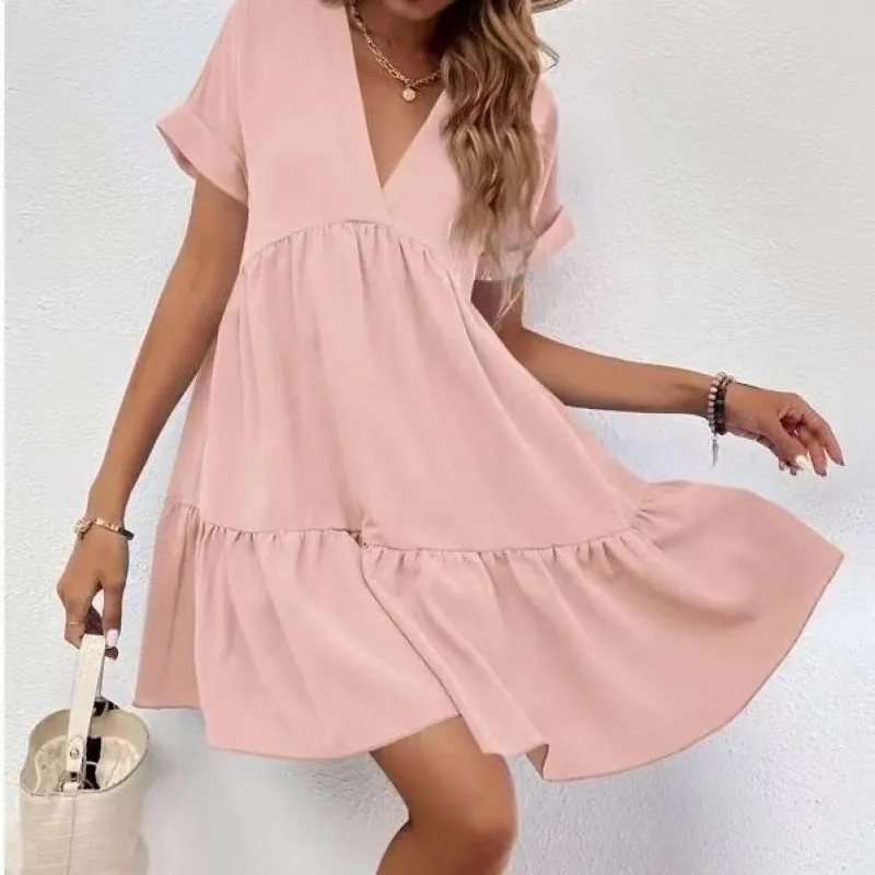 Robe Mini à Étages pour Femmes avec Col en V et Manches Courtes Robe d'Été Élégante de Couleur Unie Décontractée en Ligne A