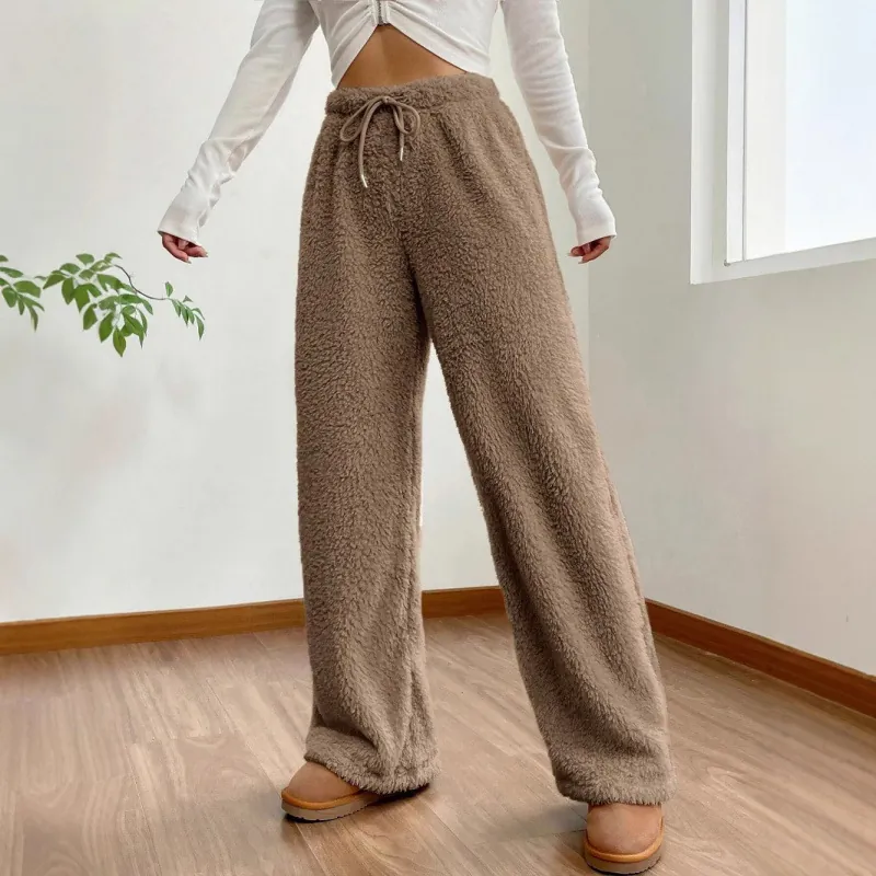 Women Plush Sweatpants Fleece High Waist Loose Fit Solid Color Warm Winter Bottoms Casual Drawstring Fleece Trousers