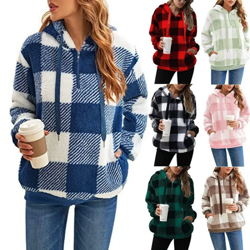 Felpa da Donna Casual in Pile Sherpa a Quadri a Maniche Lunghe con Cerniera a Un Quarto Pullover Sweatshirt Giuntata Larga Calda Invernale