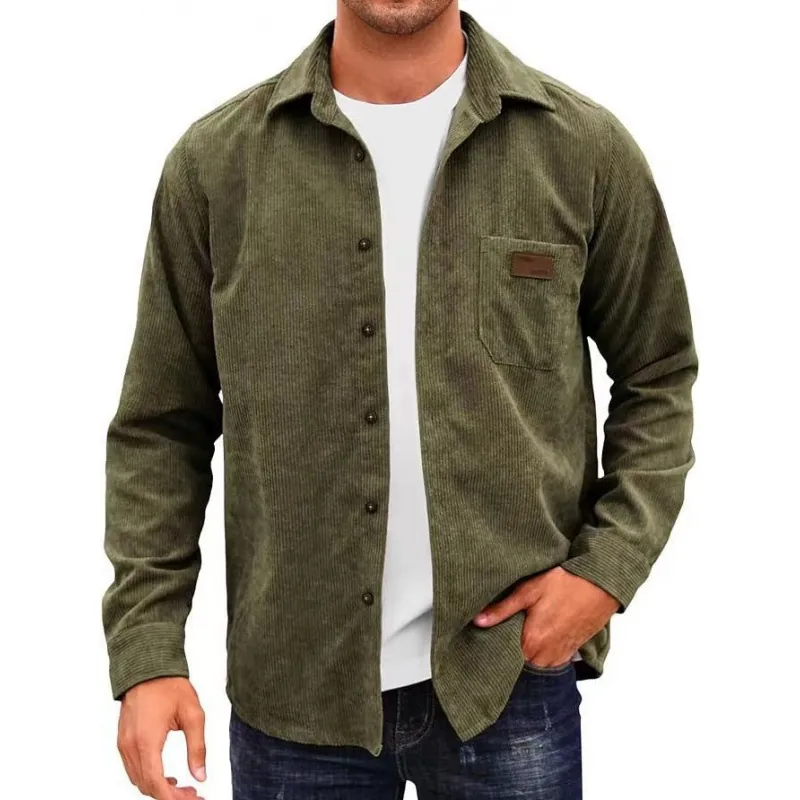 Men's Casual Corduroy Shirt Long Sleeve Solid Color Turn Down Collar Button Down Cardigan Top For Autumn Winter Urban Fashion