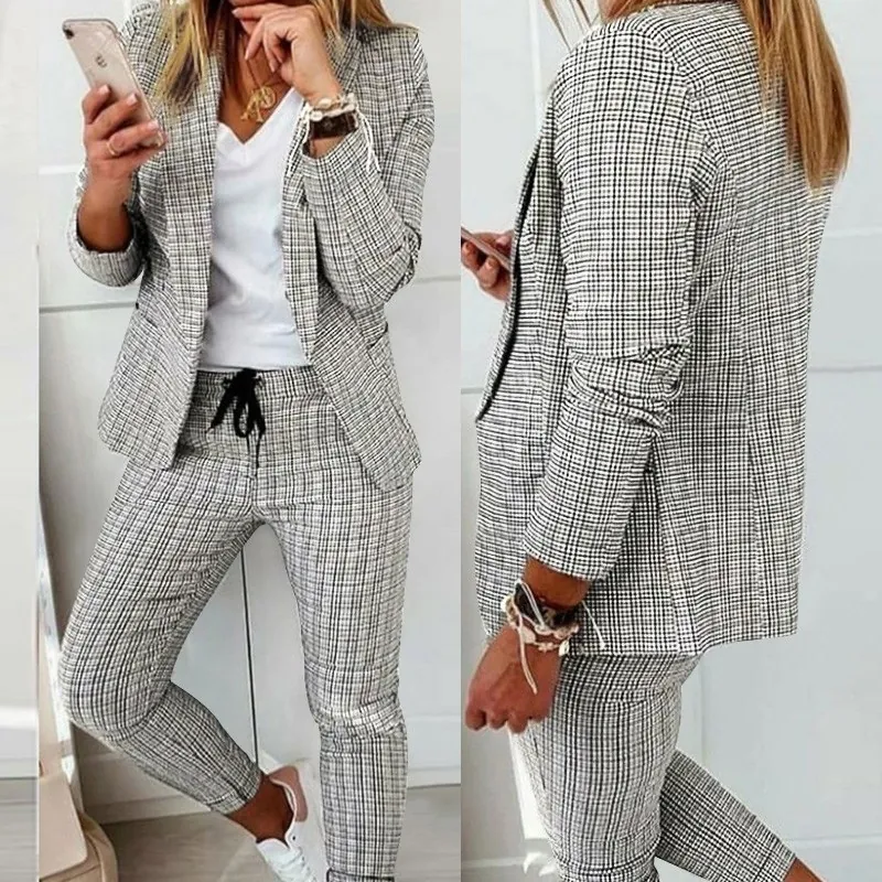 Women Polyester Blazer And Pants Top And Bottom Set Casual Plaid Houndstooth Long Sleeve Lapel Office Casual Fashion Suits