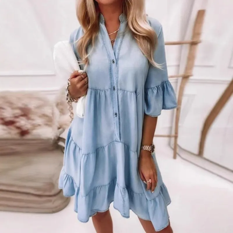 Robe Midi Décontractée pour Femmes en Polyester Lavé Look Denim Couleur Unie Manches Demi à Volants Jupe à Étages A-Line Style Européen à Boutons