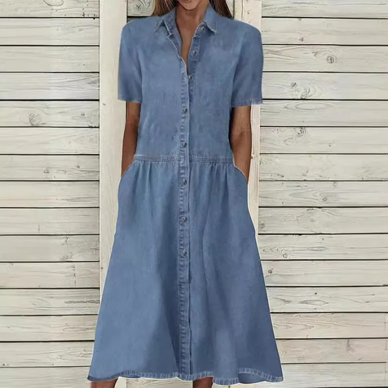 Women's Casual Polyester Denim Style Shirt Dress Lapel Short Sleeve Single Breasted Maxi Dress With Pockets Solid Color