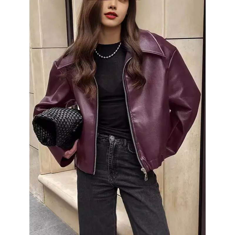 Damen Kunstleder Motorradjacke Lockere Passform Oversized Revers Reißverschluss Lange Mantel Mode Streetwear Herbst Winter Oberbekleidung