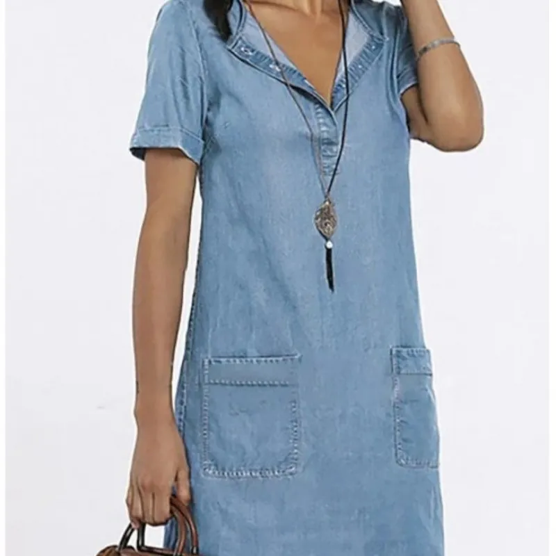 Robe Mi-longue en Denim Mince pour Femmes Couleur Unie Décontractée Manches Courtes Col en V Jupe Ligne A Droite avec Poches Lavage aux Enzymes