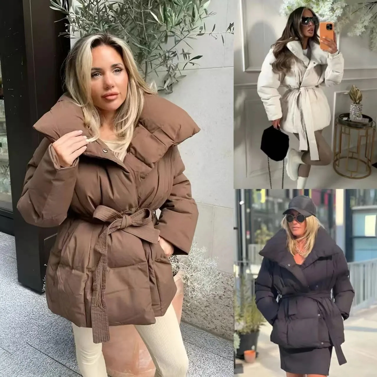 Women's Stand-up Collar Padded Jacket With Tie-waist Slim-fit Polyester Puffer Coat Warm Outerwear For Autumn Winter Solid Color