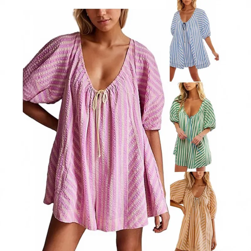 Women Summer Striped Romper Deep V Neck Short Sleeve Casual Loose Wide Leg Jumpsuit Printed Rayon Playsuit With Tie Pockets