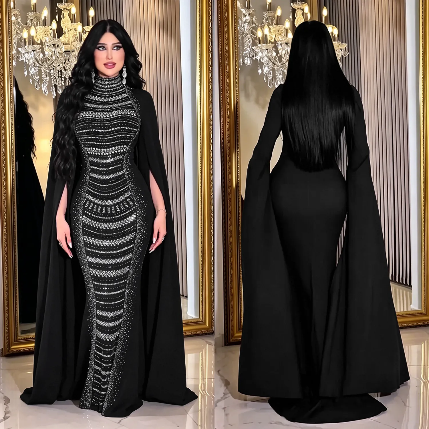 Mujer Elegante Negro Diamante de Imitación Perla Artificial Manga de Capa Vestido Largo Cuello Alto Slim Fiesta Formal Maxi Gown