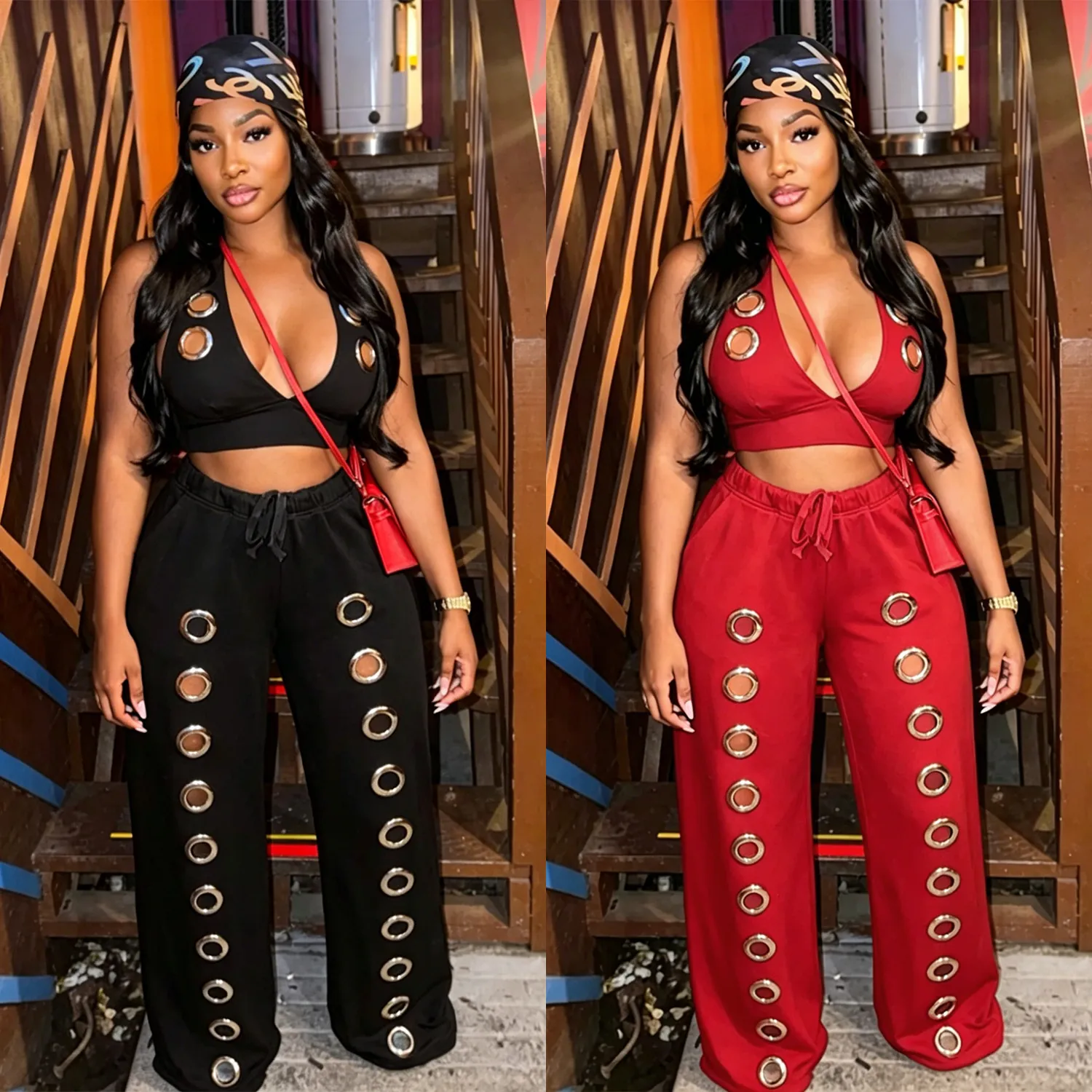 Women Grommet Halter Halter Neck Crop Top And Wide Leg Pants Two Piece Set Patchwork Casual Straight Trousers Outfit