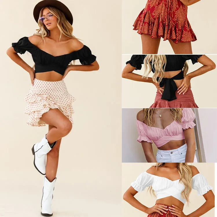 Women Sexy Off-Shoulder Ruffle Short Sleeve Crop Top Back Tie-Up Solid Color Polyester Slim Fit Summer Tee Streetwear