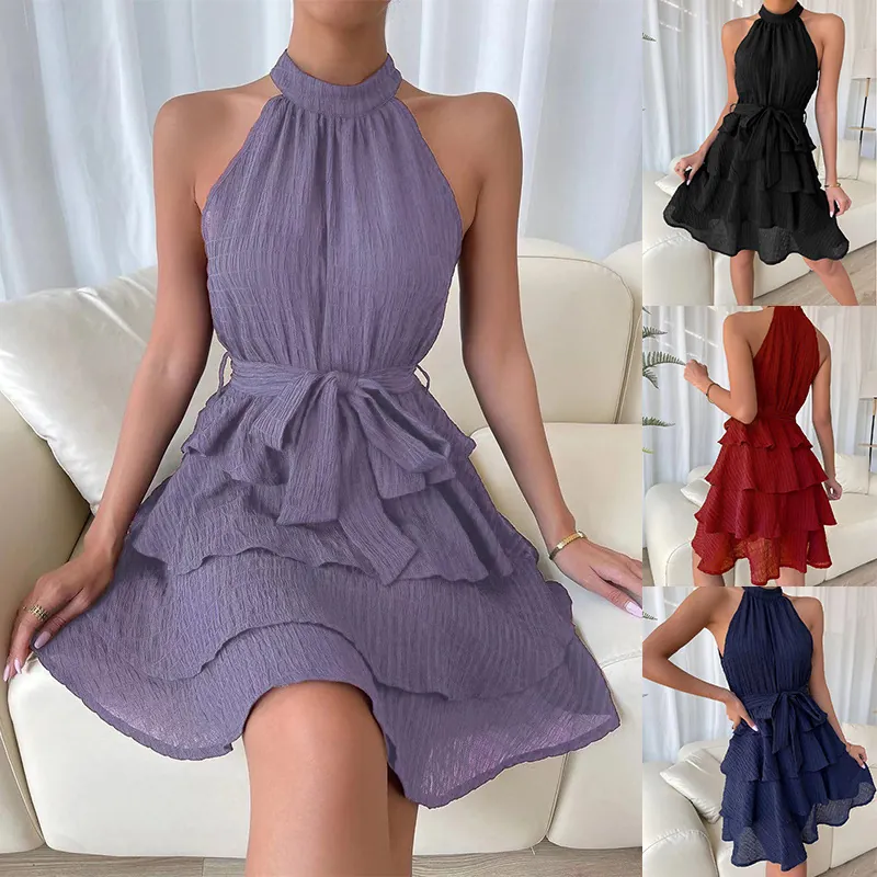 Women Halter Neck Sleeveless Ruffle Tiered Dress Summer Solid Color Layered Top And Bottom Elegant Party Splicing Dress
