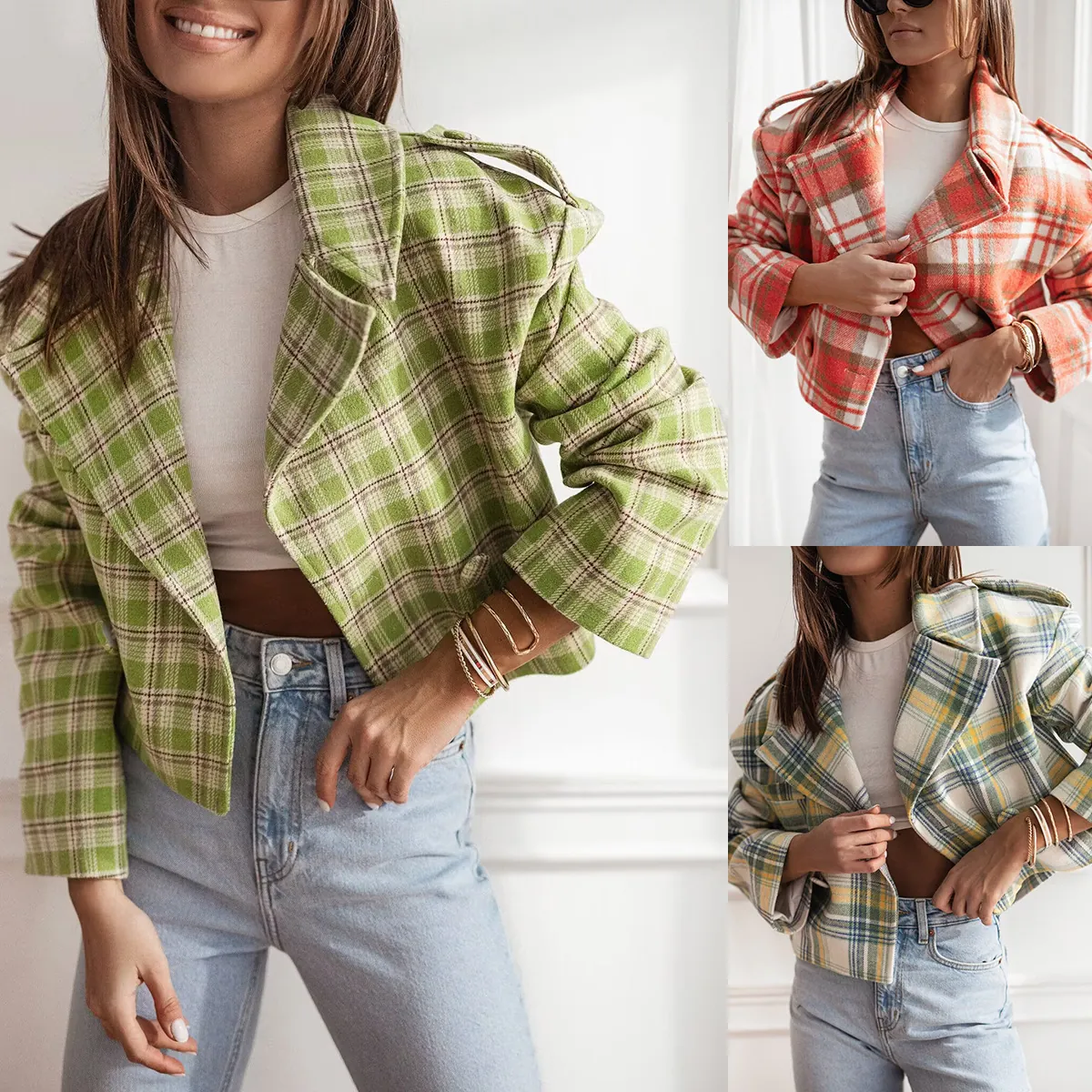 Women Fashion Plaid Polyester Outerwear British Style Lapel Short Jacket Long Sleeve Double Breasted Printed Top For Autumn Winter
