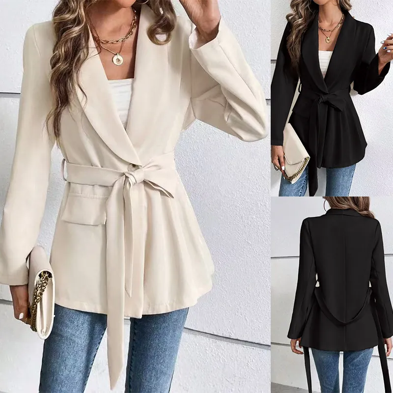 Chaqueta Americana Elegante para Mujer Corte Entallado Color Sólido Manga Larga Con Cinturón Anudado Cuello Solapa Moda Oficina Top Abrigo