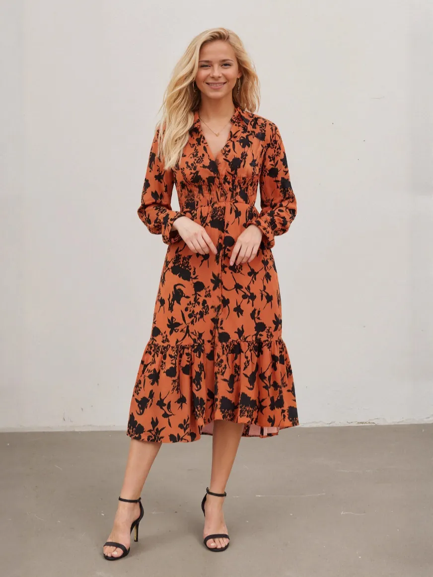 Damen Elegant V-Ausschnitt Gesmokte Taille Blumenmuster Midi Kleid Langarm Rüschensaum Polyester Vintage Boho Lässiges Kleid