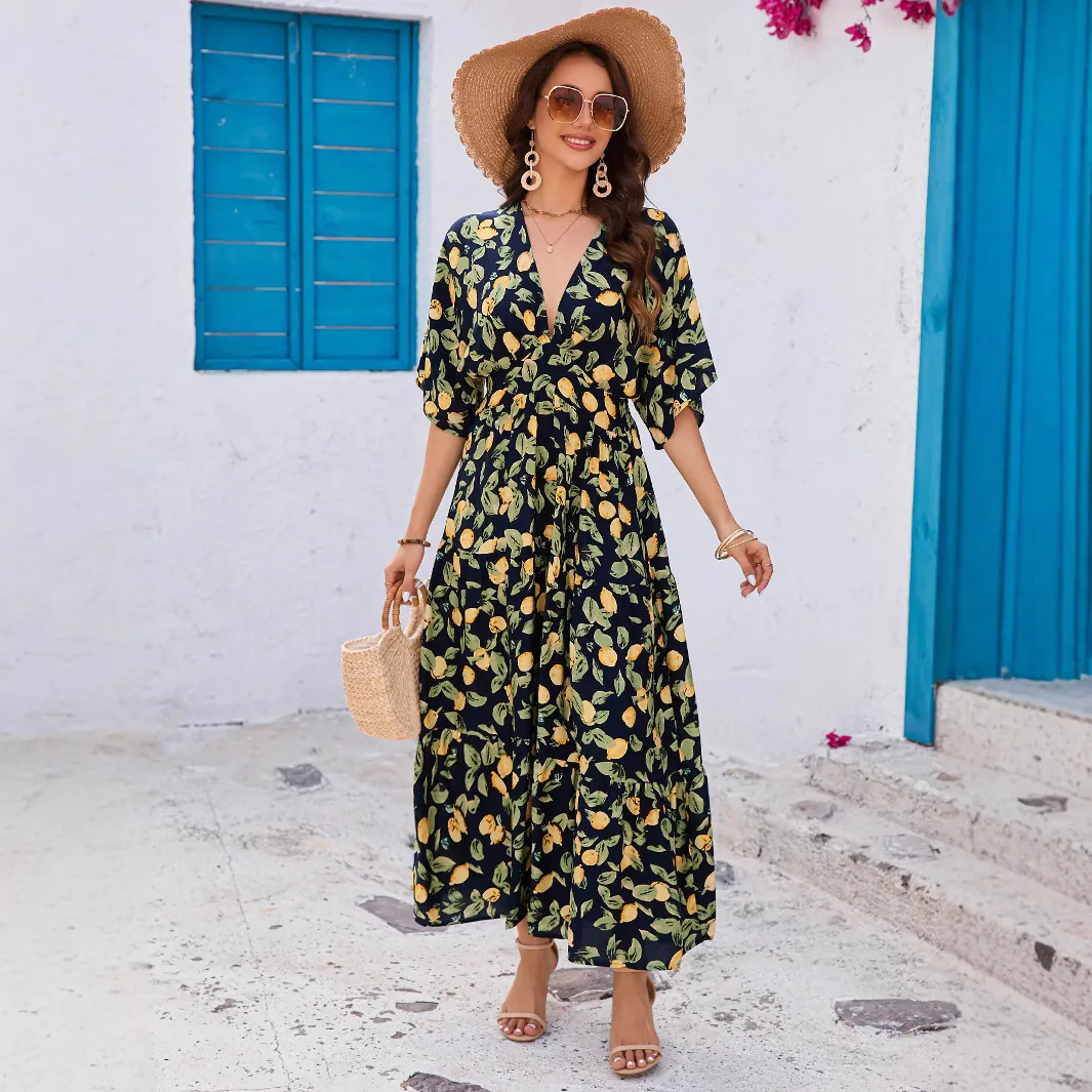 Damen V Ausschnitt Boho Zitronen Print Stufen Maxikleid Fledermausärmel Gesmokte Taille Sommer Urlaub Viskose Kleid