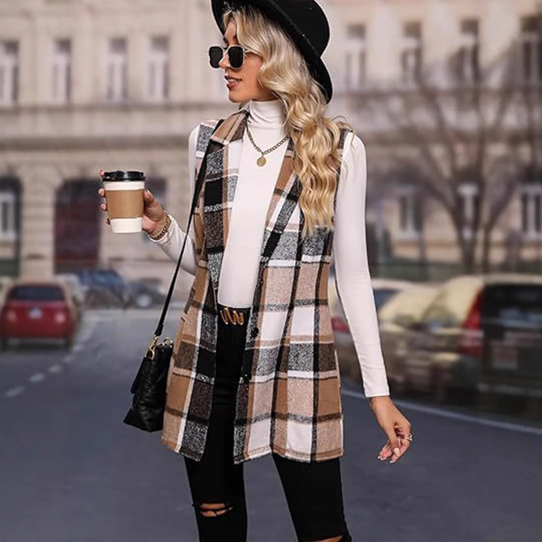 Women's Plaid Suit Vest Elegant Lapel Single-Breasted Printed Sleeveless Jacket Autumn Winter Polyester Top For Office Lady