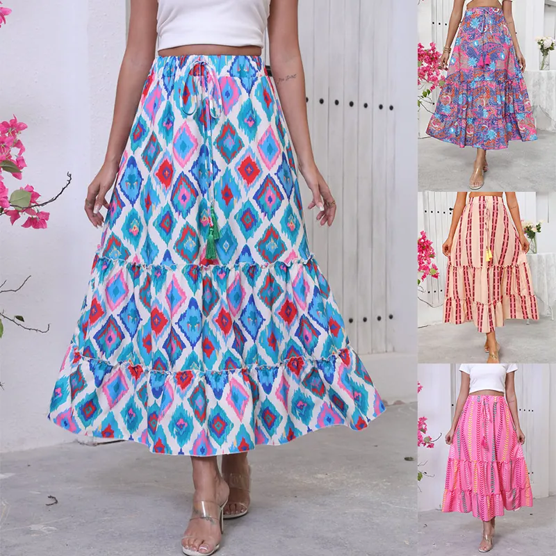 Women Bohemian Printed Tiered Maxi Skirt Vacation High Waist A-Line Long Skirt With Tassels Drawstring Beach Wear
