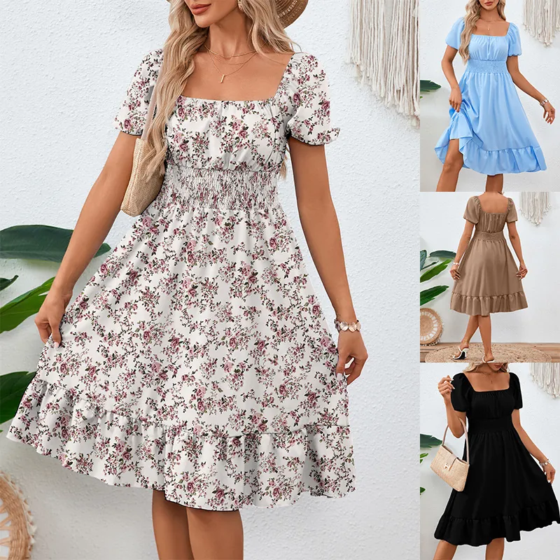 Vestito a Trapezio da Donna con Scollo Quadrato e Maniche a Sbuffo con Volant Vita Alta Elasticizzata Tinta Unita Floreale
