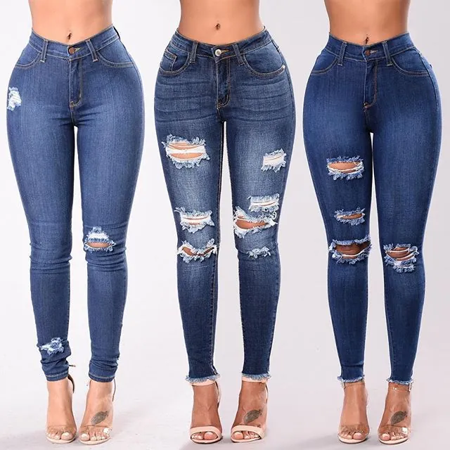 Vaqueros Ajustados Rotos de Talle Alto para Mujer Pantalones de Mezclilla Elásticos de Poliéster y Algodón con Dobladillo Deshilachado Streetwear
