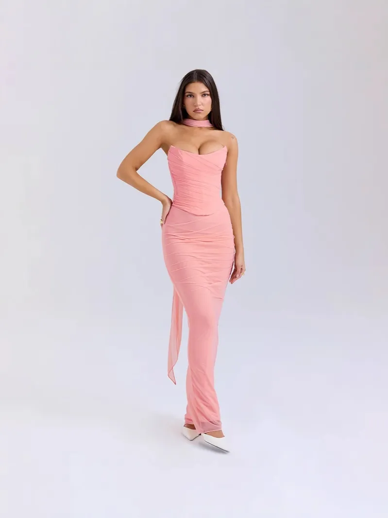 Completo Donna Sopra E Sotto Gonna Lunga Bodycon Top Senza Spalle Increspato Con Sciarpa Decorativa Elegante Tinta Unita Poliestere