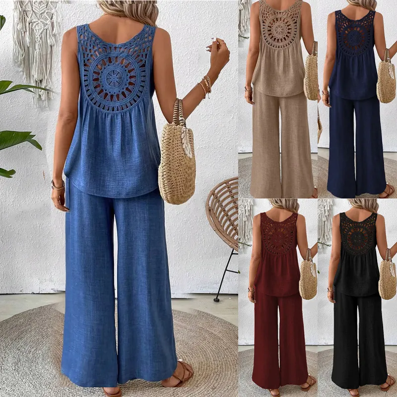 Women Polyester Casual Two Piece Set Hollow-Out Back Embroidered Sleeveless Top And Wide Leg Pants Fashion Vacation Outfit