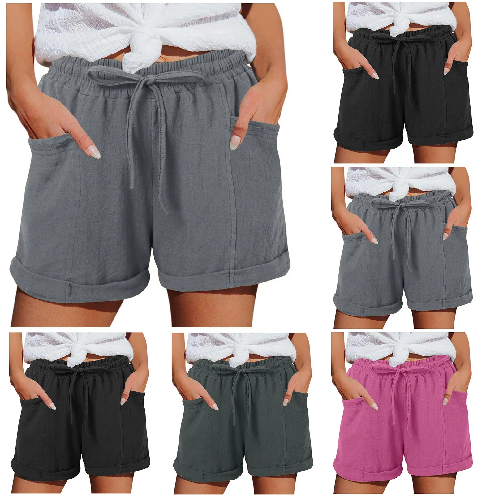 Pantaloncini a Vita Alta da Donna con Coulisse Gamba Larga Casual Estate Spiaggia Misto Cotone Poliestere Tasche