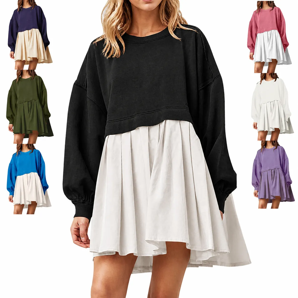 Women's Fake Two-Piece Sweatshirt Dress Loose Pleated Color Block Long Sleeve Top And Bottom For Autumn Winter 2023 Casual European Fashion Dress
