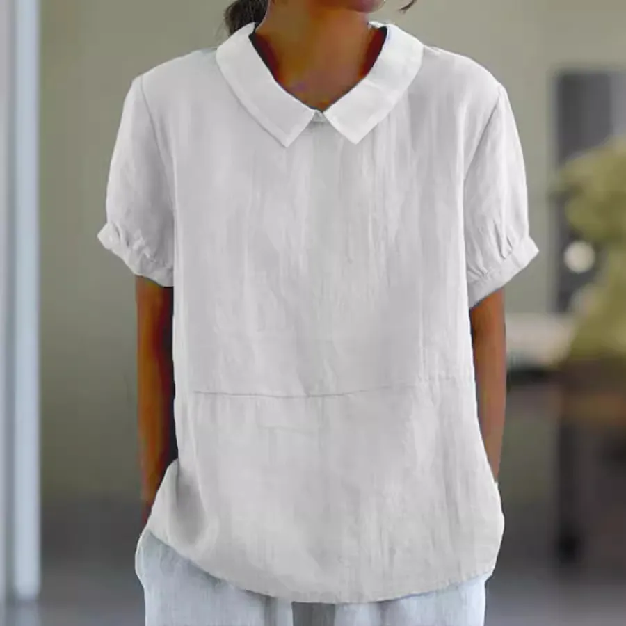 Women's Casual Cotton Short Sleeve Shirt Peter Pan Collar Patchwork Blouse Summer Fashion Comfortable Top For Ladies