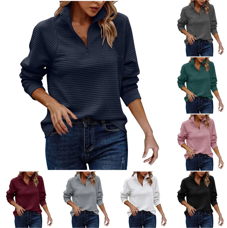 Women's Casual Polyester Sweatshirt With Snake Bone Texture Stand Collar Quarter Zip Top Loose Long Sleeve Patchwork Pullover